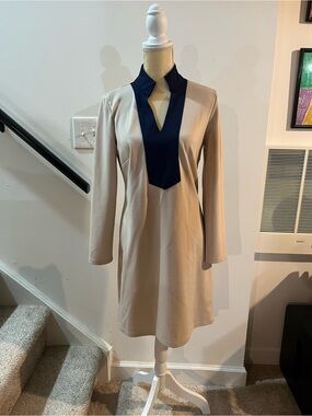Beige Long-Sleeve Shift Dress with Navy Placket